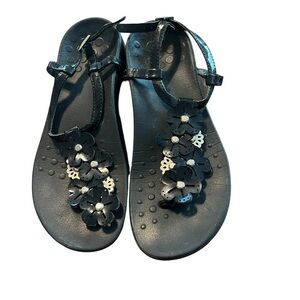 VIONIC Julie II Thong Sandals Black Floral Decor Women's Ankle Strap Shoes Sz 7